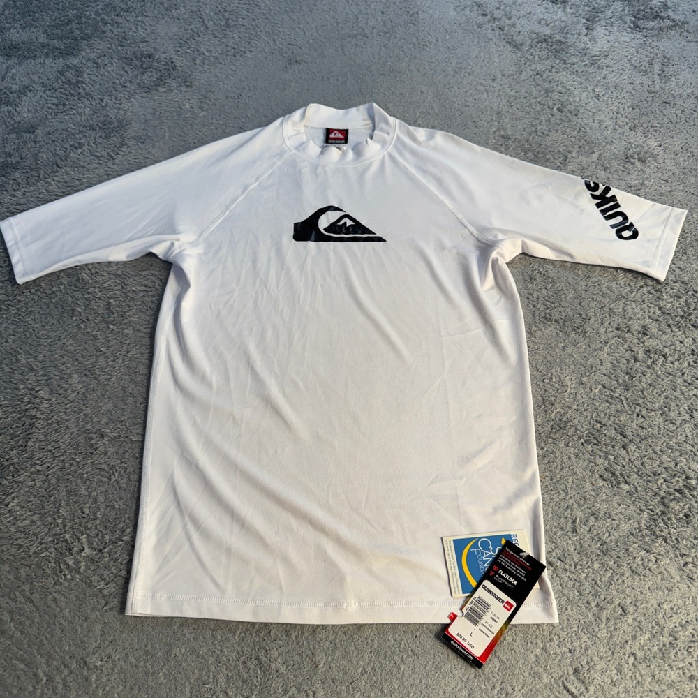 Quiksilver Mens All Time SS Rash Guard Large White UPF 50 Sun Protection Shirt